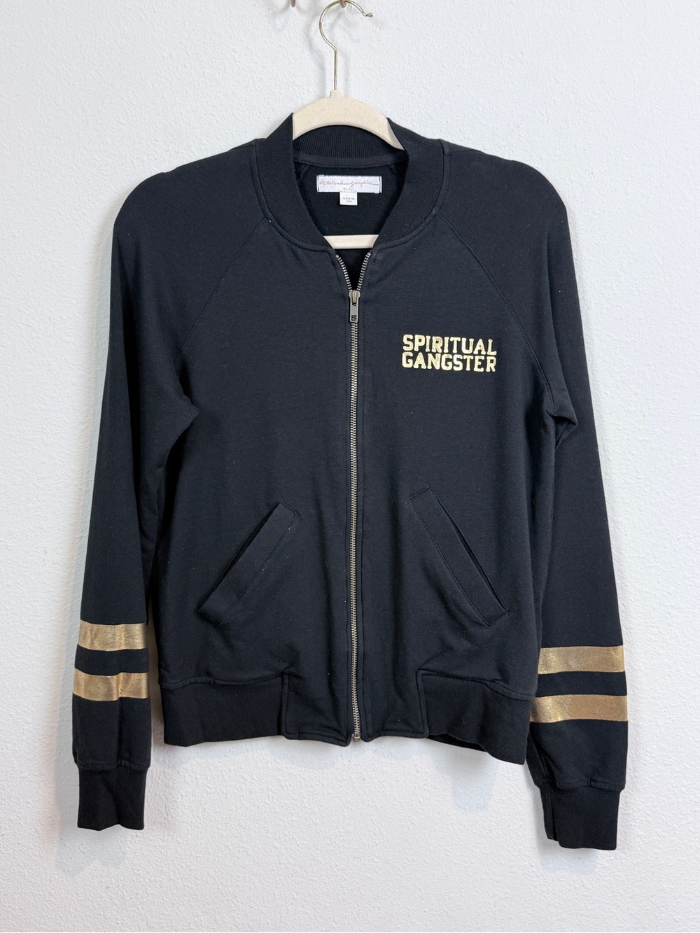Spiritual Gangster Black Namaste Bomber Jacket with Gold Stripes Full Zip S